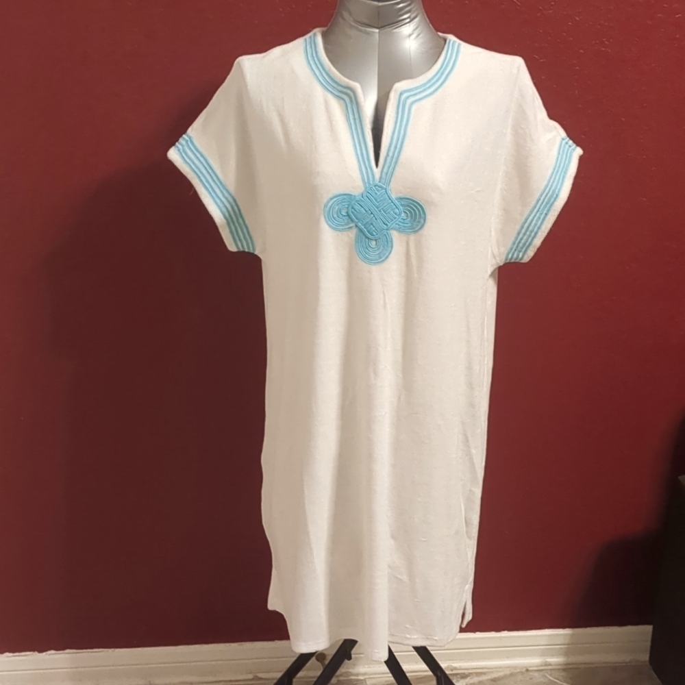 CABANA LIFE White/Mint Terry-Cover Up-Size M Essential-Short Sleeve UPF 50+ - Picture 3 of 8